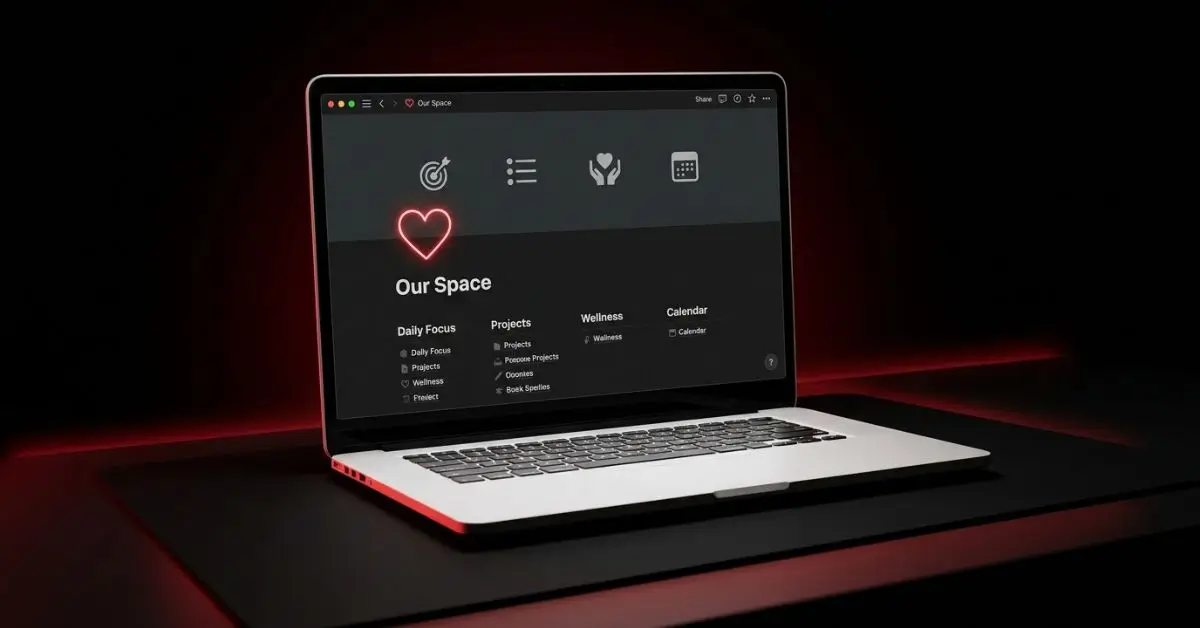 Tampilan dashboard template Notion couple space minimalis estetik